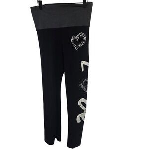 Vintage Y2K Pink Friday Love Heart Rhinestone Black Yoga Pants‎ Fold Over Waist